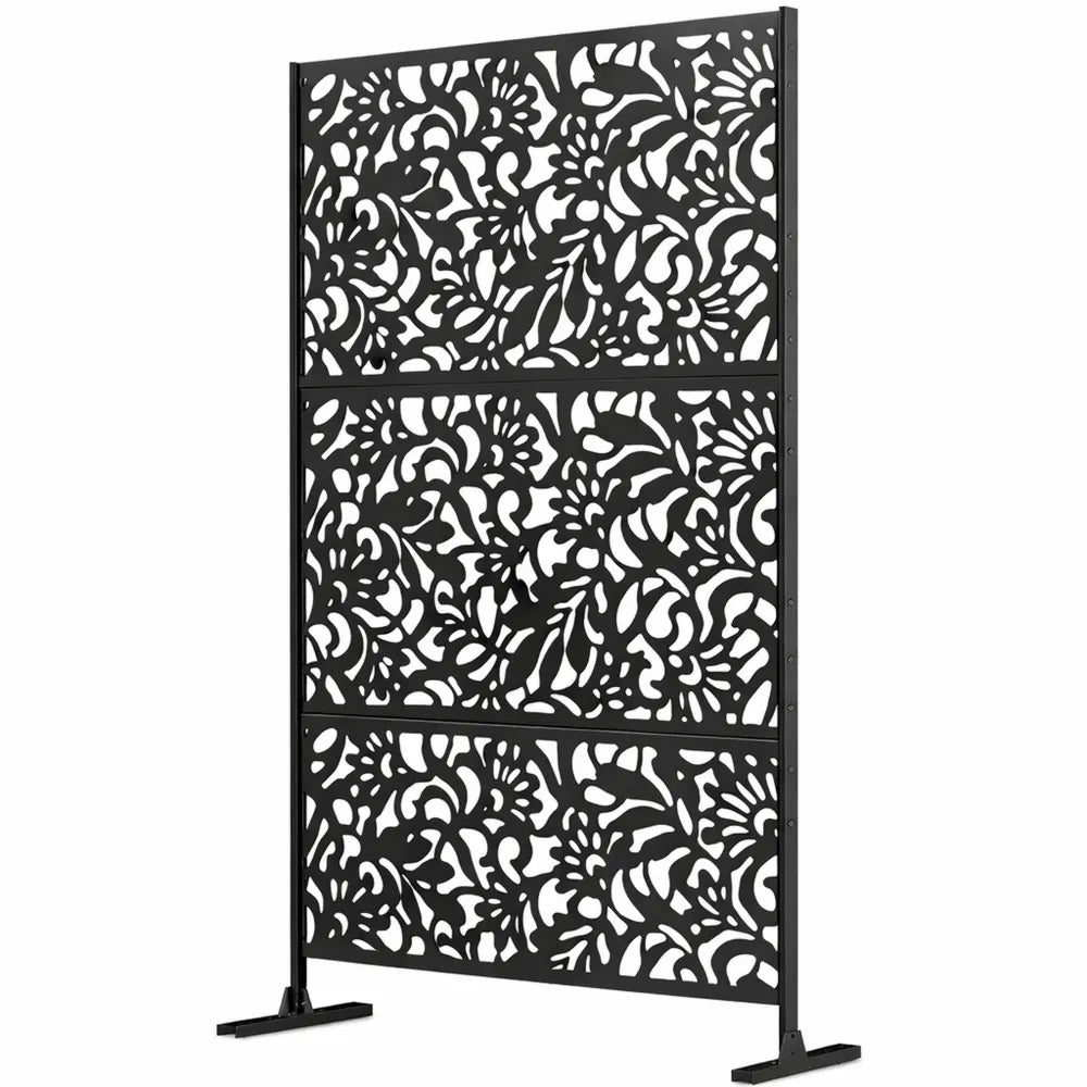 Panneaux décoratifs extérieurs à motif floral avec support acier, 122 x 45 x 198 cm, noir