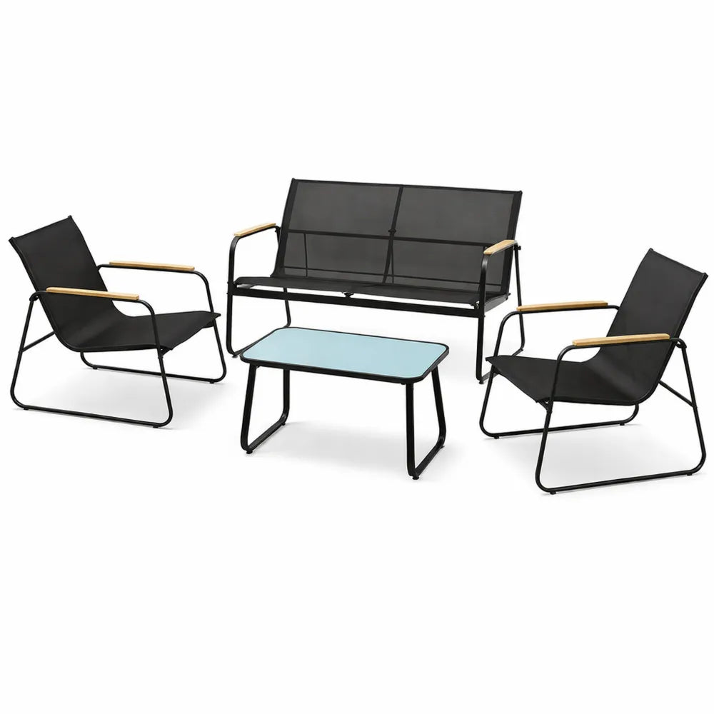 Ensemble de jardin noir en textilène pour 4 personnes avec canapé, fauteuils et table basse