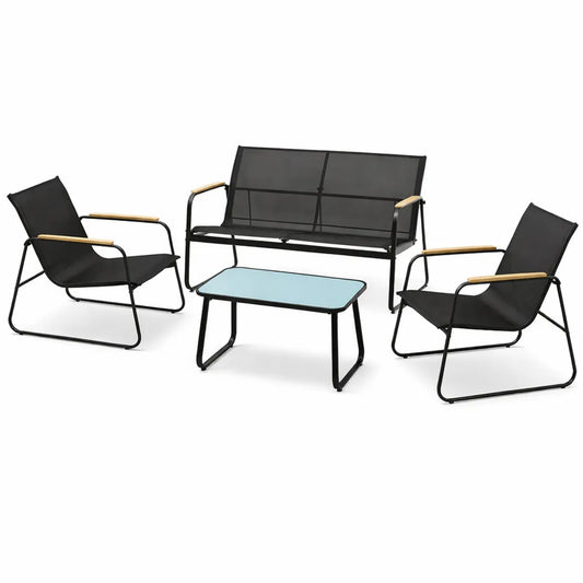 Ensemble de jardin noir en textilène pour 4 personnes avec canapé, fauteuils et table basse