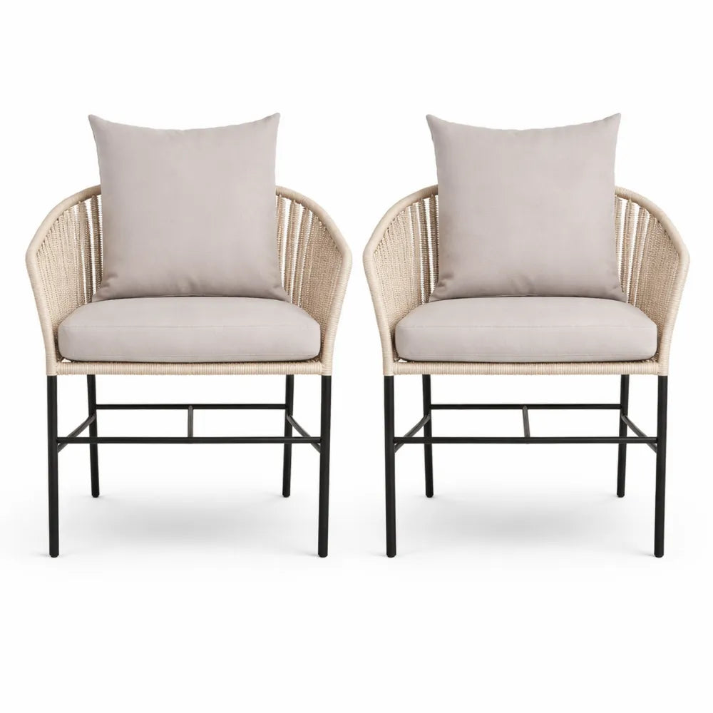 Ensemble de 2 chaises de jardin en métal et corde avec coussins