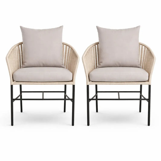 Ensemble de 2 chaises de jardin en métal et corde avec coussins